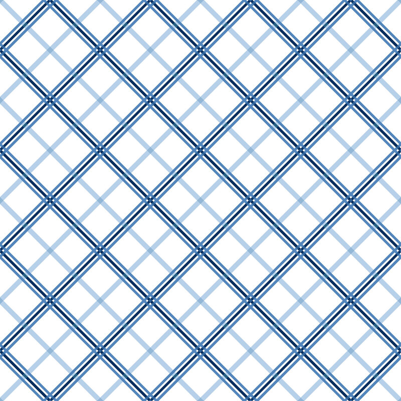 White fabric with a design of diagonal blue plaid.