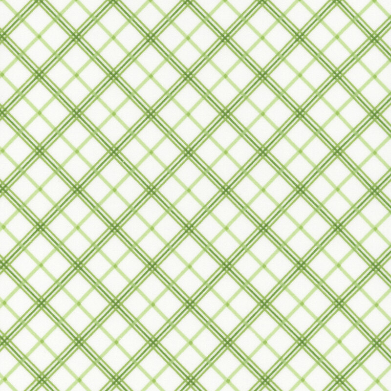White fabric with a design of diagonal green plaid.
