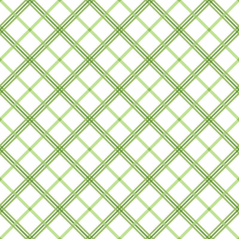White fabric with a design of diagonal green plaid.