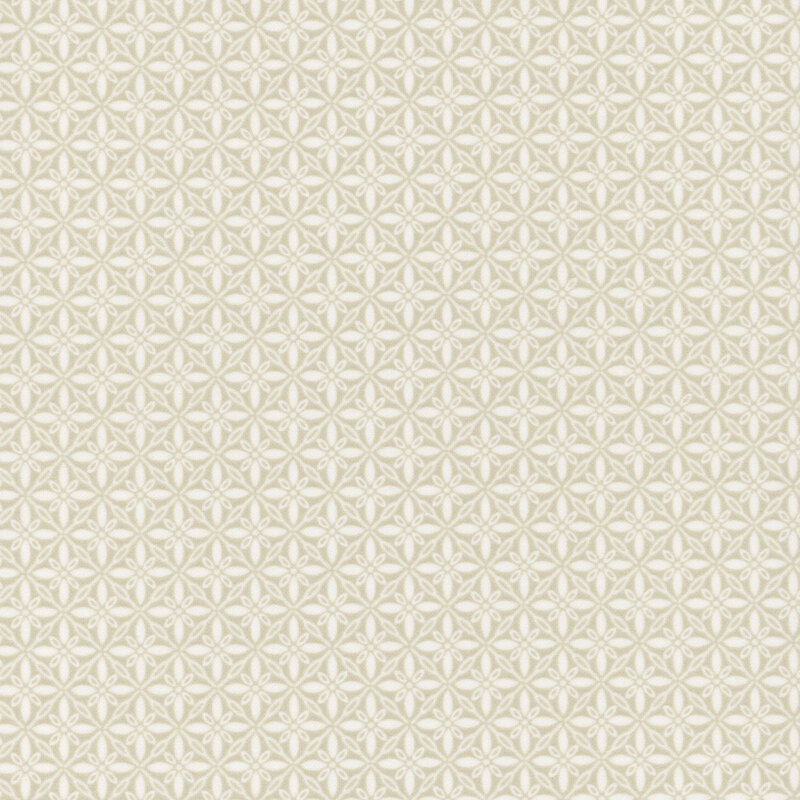Cream fabric with ornamental florals in a lattice pattern.