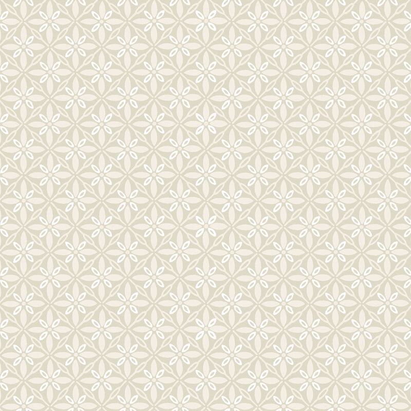 Cream fabric with ornamental florals in a lattice pattern.