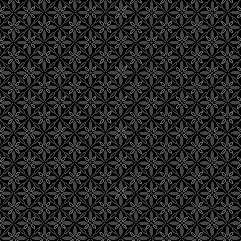 Black fabric with ornamental florals in a lattice pattern.