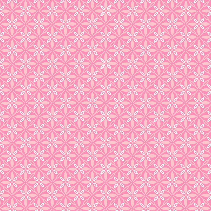Piglet pink fabric with ornamental florals in a lattice pattern.