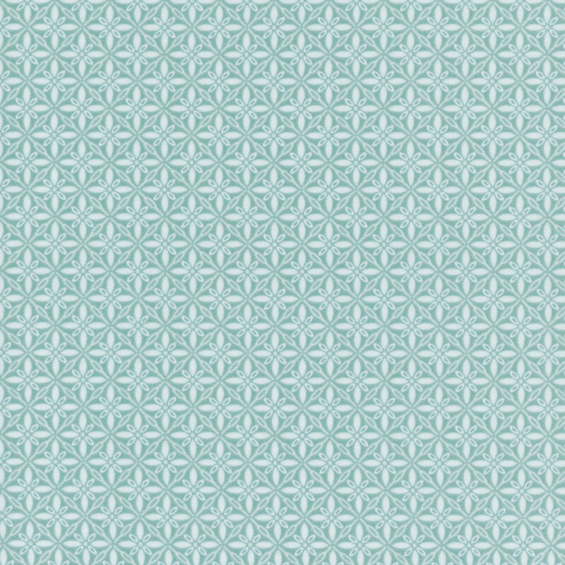 Aqua fabric with ornamental florals in a lattice pattern.