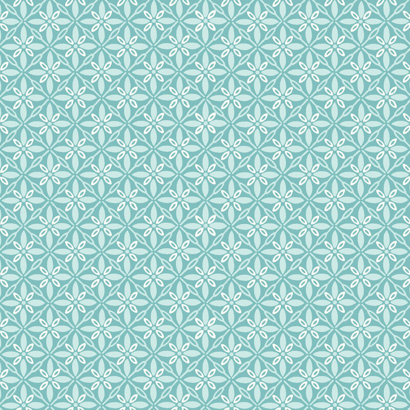 Aqua fabric with ornamental florals in a lattice pattern.