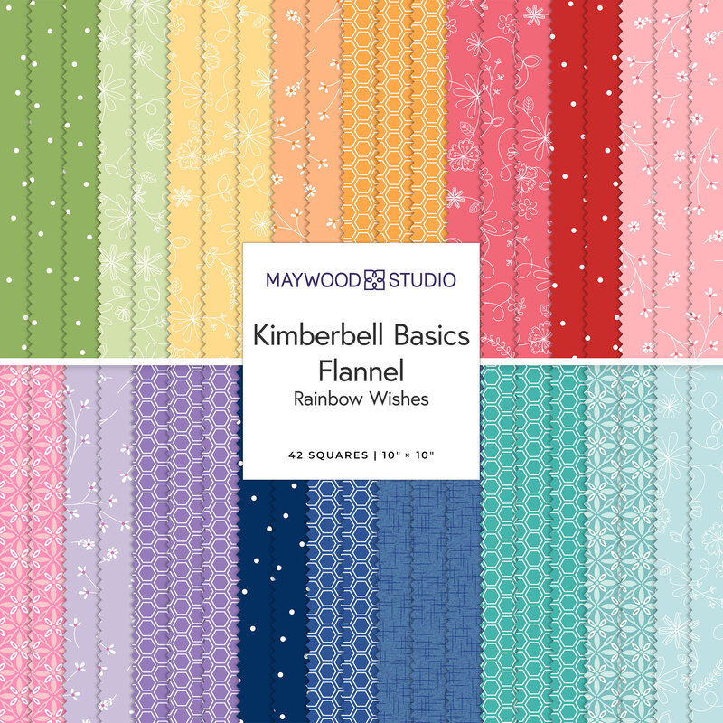 A stacked collage of rainbow fabrics included in the Kimberbell Basics Flannel Rainbow Dreams 10