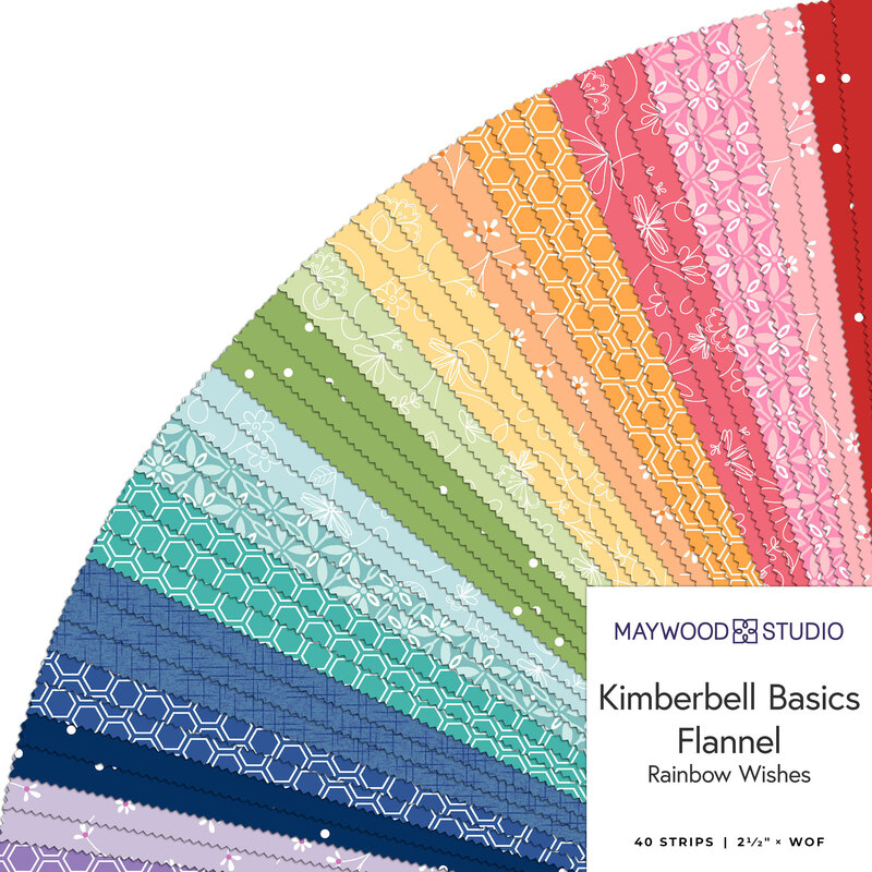 A fanned collage of rainbow fabrics included in the Kimberbell Basics Flannel Rainbow Dreams 2-1/2