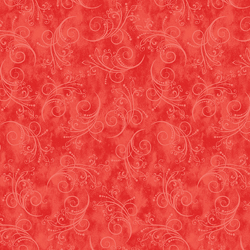 georgeous sunset red fabric featuring tonal mottling and scattered pastel scrolling