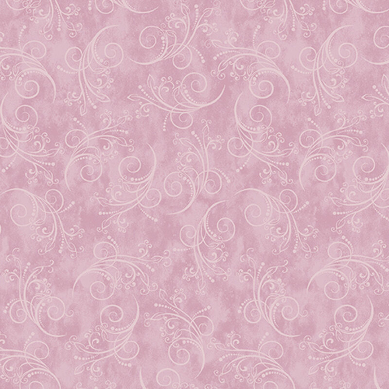 dusty rose fabric featuring tonal mottling and scattered pastel scrolling