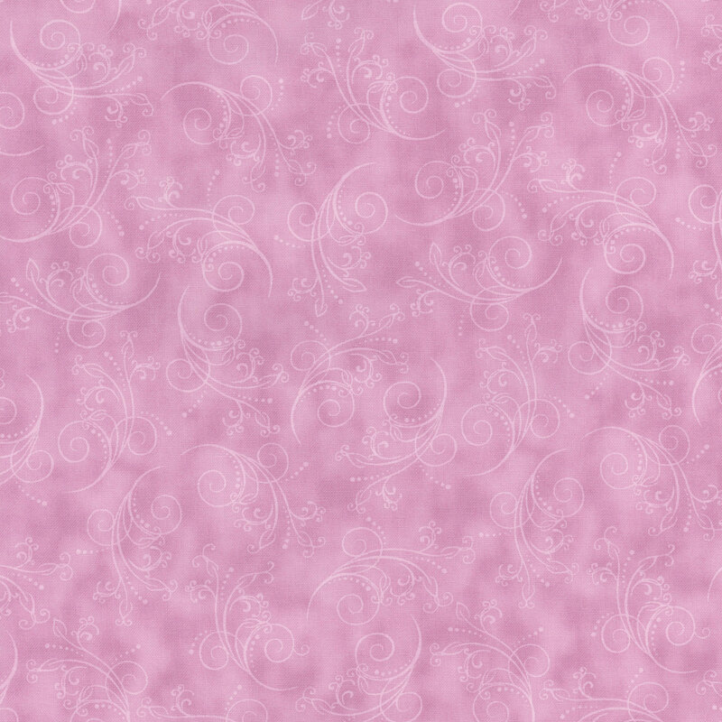 dusty rose fabric featuring tonal mottling and scattered scrolling.