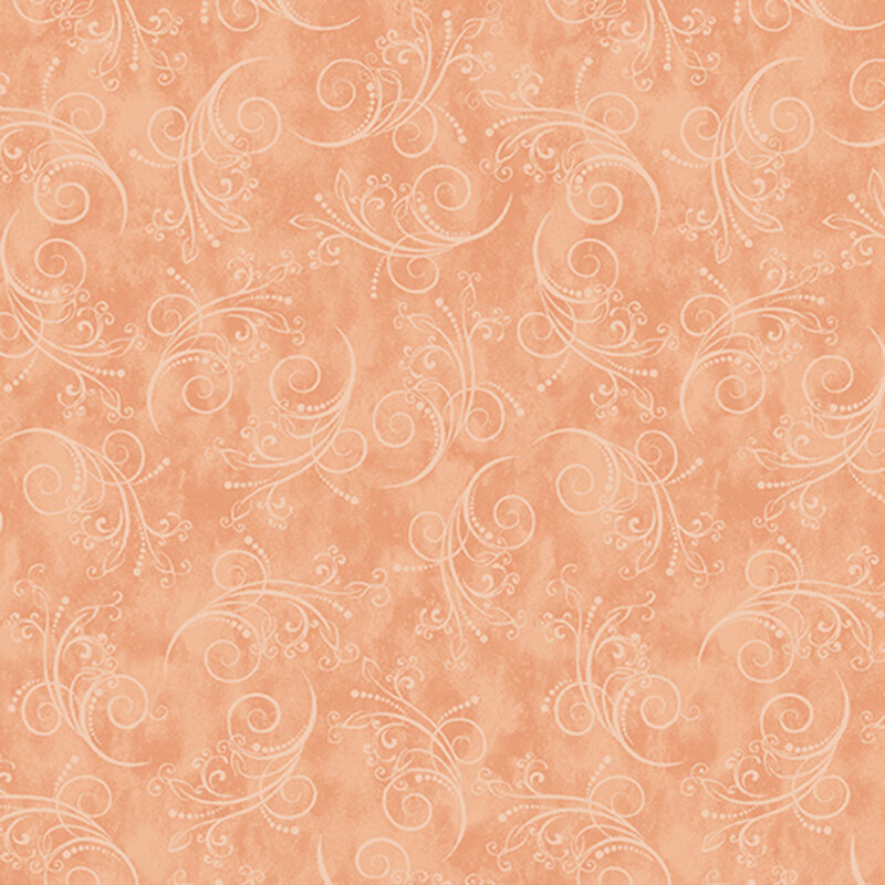 pale peach fabric featuring tonal mottling and scattered pastel scrolling