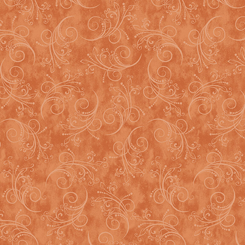 gorgeous light terracotta fabric featuring tonal mottling and scattered pastel scrolling