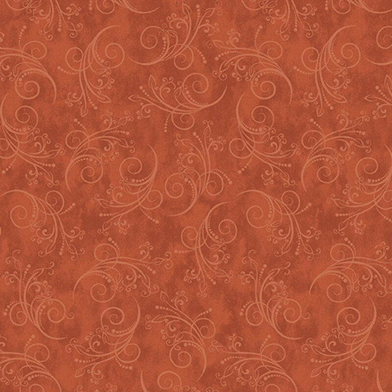 gorgeous terracotta fabric featuring tonal mottling and scattered pastel scrolling