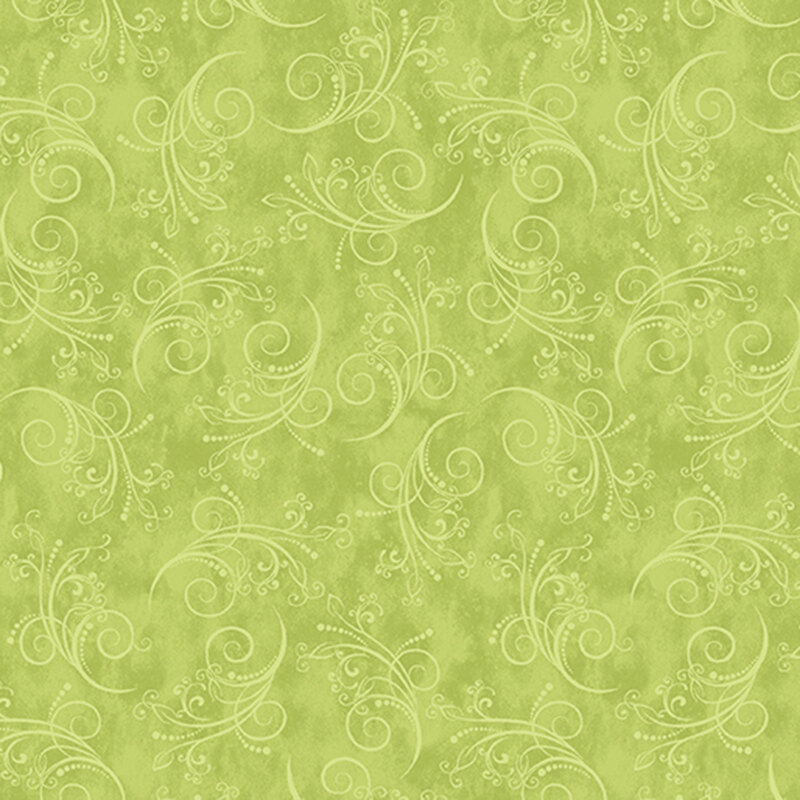 gorgeous lime green fabric featuring tonal mottling and scattered pastel scrolling