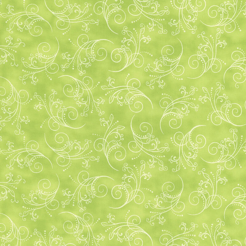 gorgeous lime green fabric featuring tonal mottling and scattered scrolling