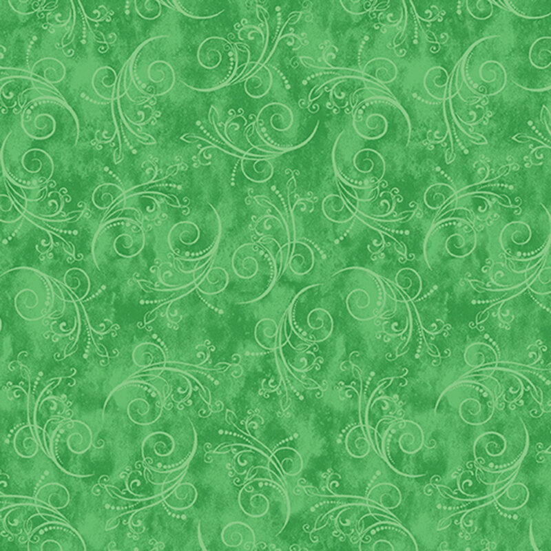 grass green fabric featuring tonal mottling and scattered pastel scrolling