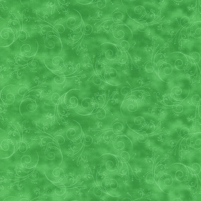 grass green fabric featuring tonal mottling and scattered scrolling