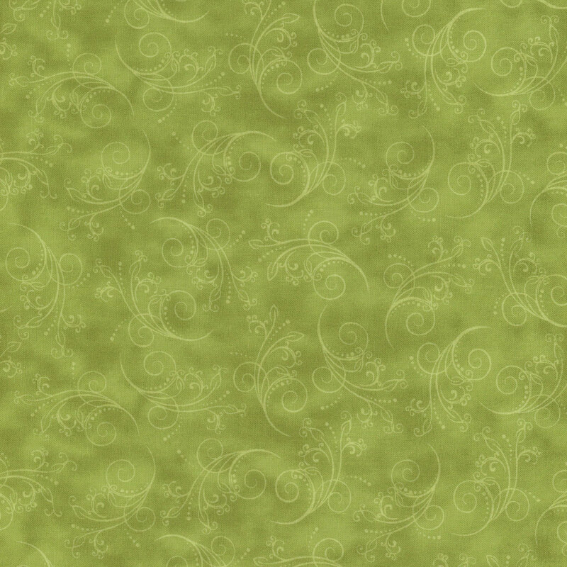 gorgeous green fabric featuring tonal mottling and scattered scrolling