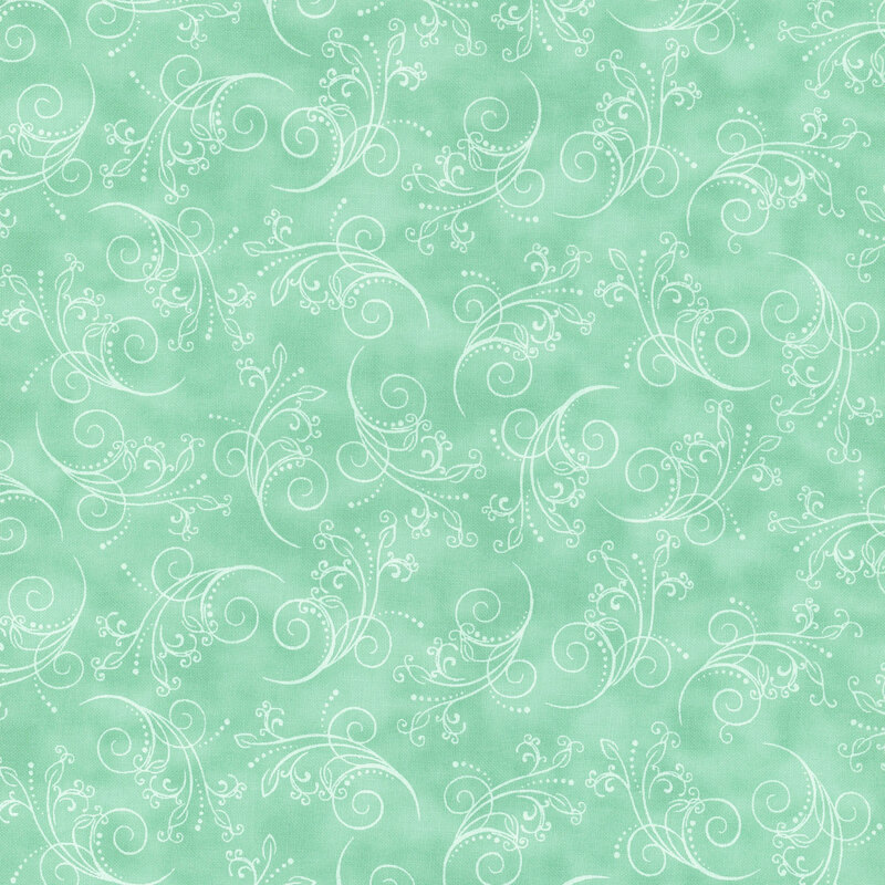 gorgeous seaglass green fabric featuring tonal mottling and scattered scrolling