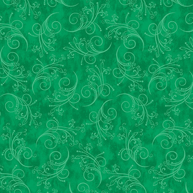 gorgeous emerald green fabric featuring tonal mottling and scattered pastel scrolling