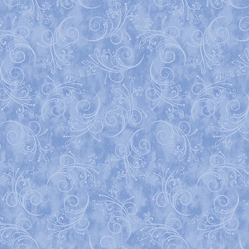 gorgeous powder blue fabric featuring tonal mottling and scattered pastel scrolling