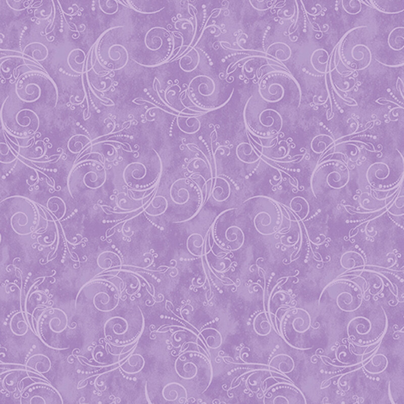 hyacinth purple fabric featuring tonal mottling and scattered pastel scrolling