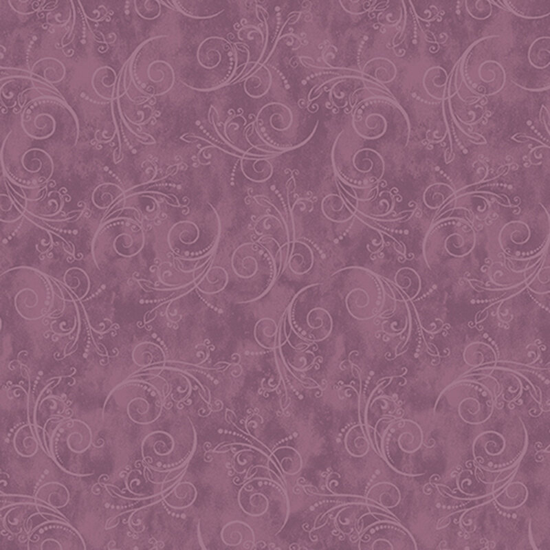 mauve fabric featuring tonal mottling and scattered pastel scrolling