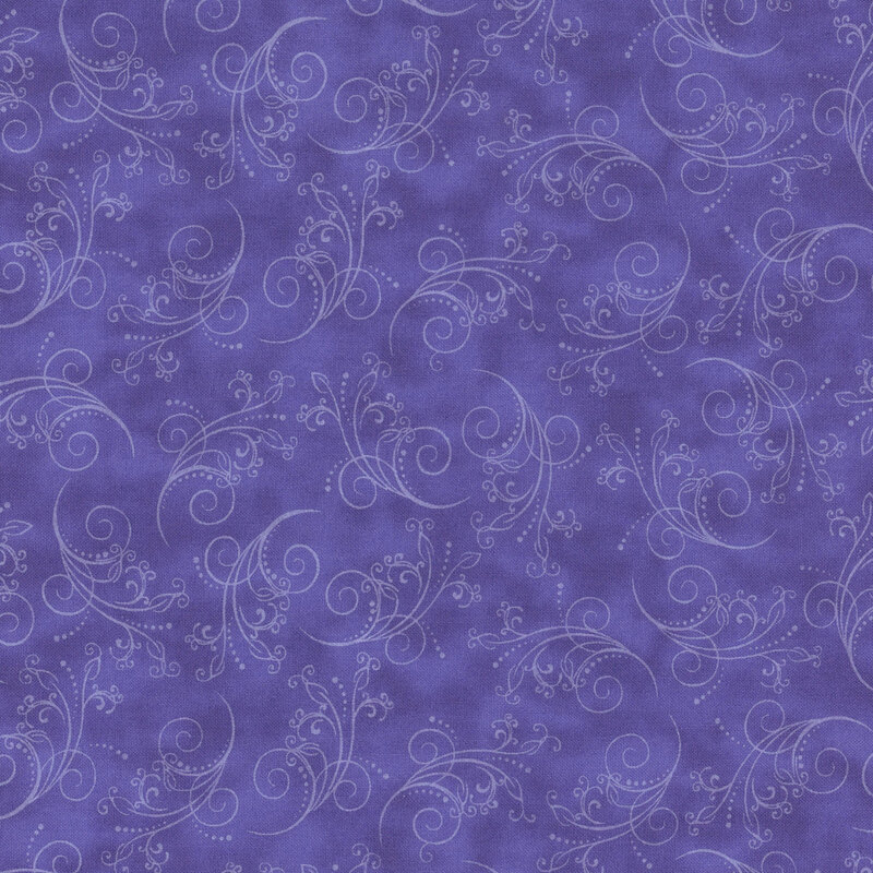 violet purple fabric featuring mottling and scattered scrolling