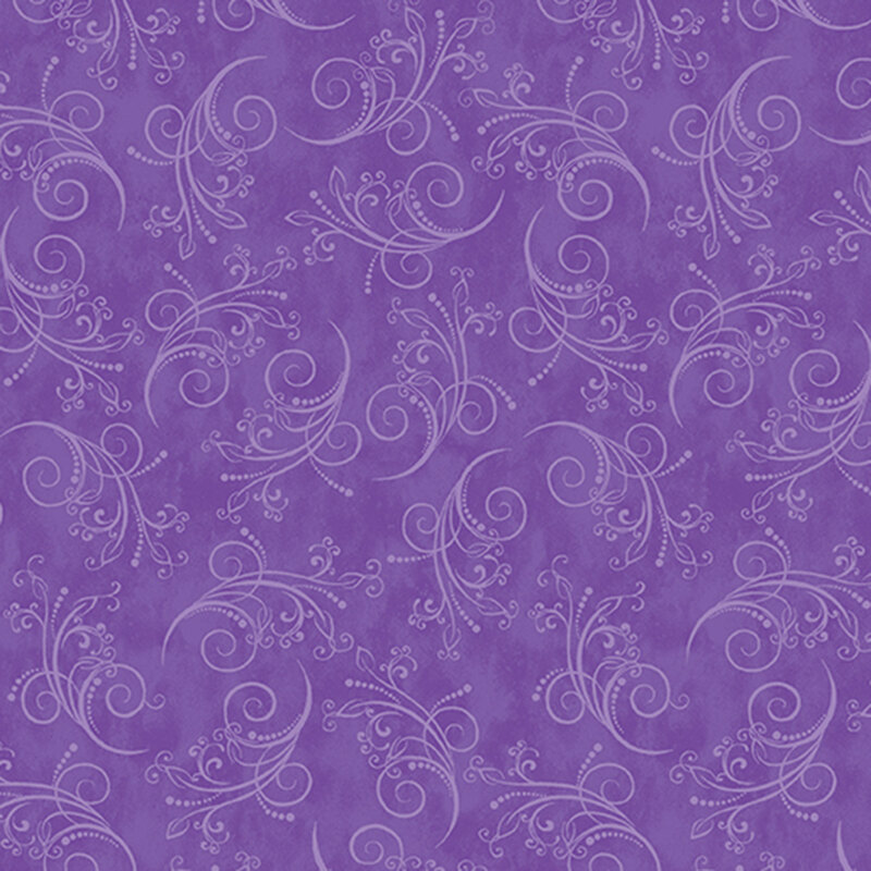 gorgeous royal purple fabric featuring tonal mottling and scattered pastel scrolling