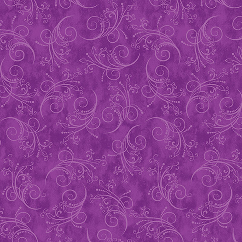 dark magenta fabric featuring tonal mottling and scattered pastel scrolling