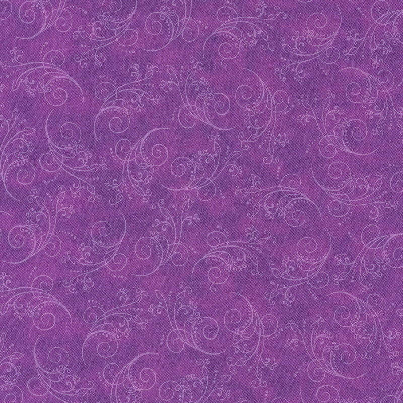 dark magenta fabric featuring tonal mottling and scattered scrolling