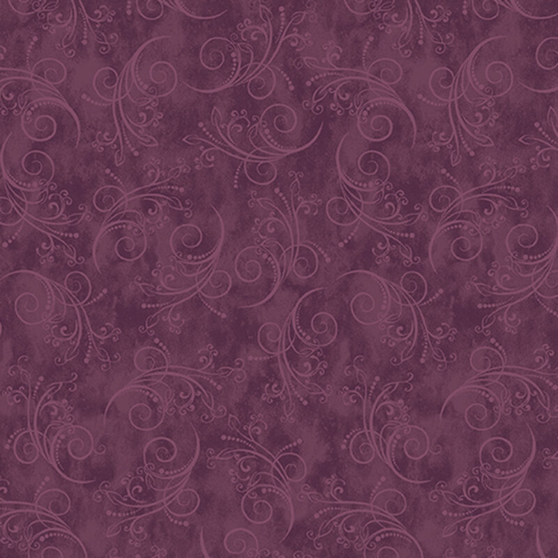 mulberry fabric featuring tonal mottling and scattered pastel scrolling
