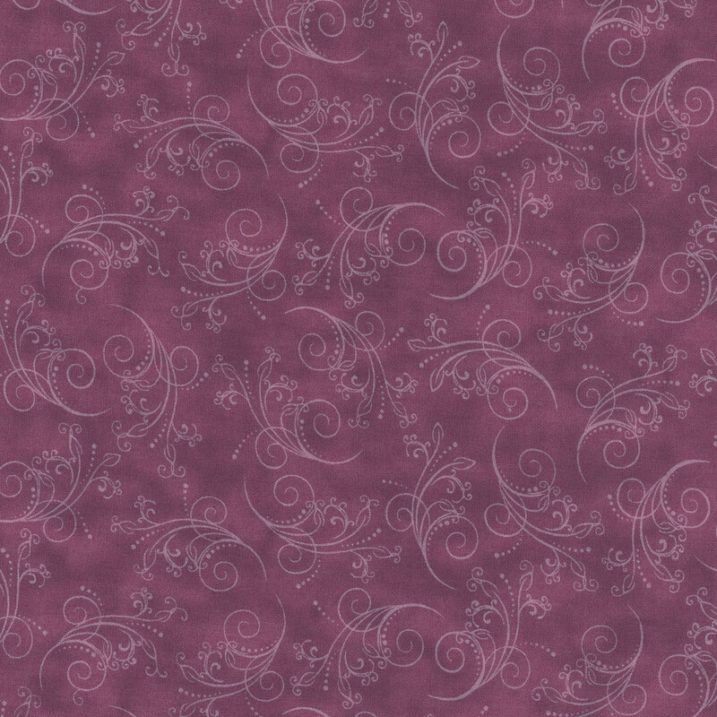 mulberry fabric featuring tonal mottling and scattered scrolling