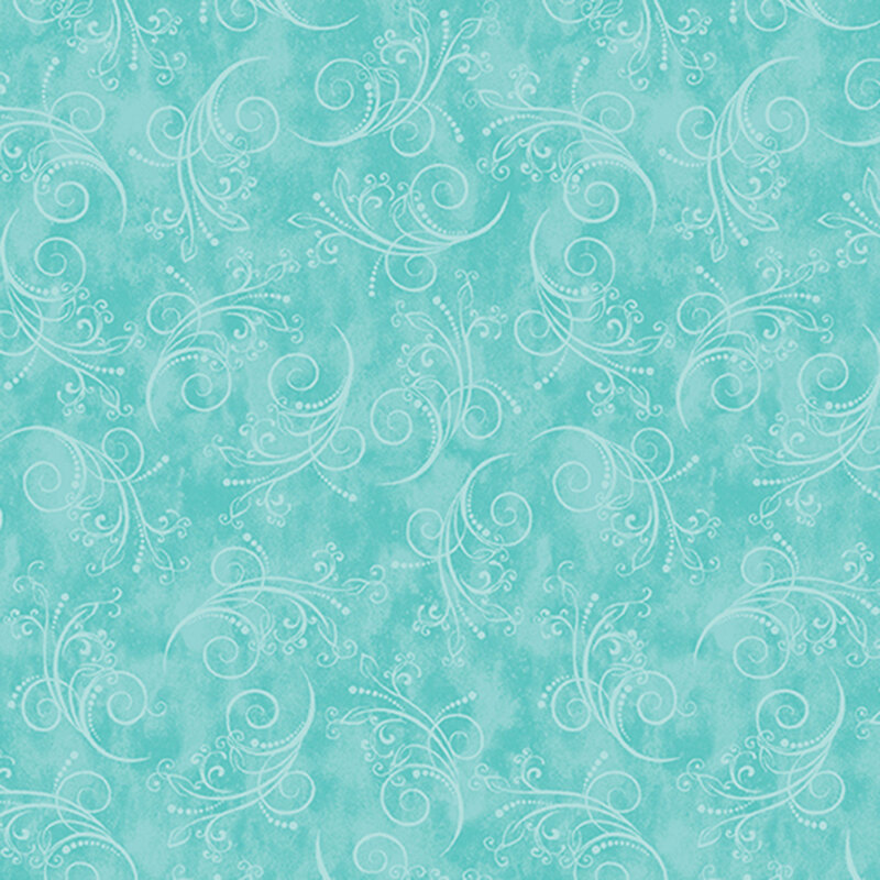 bright turquoise fabric featuring tonal mottling and scattered pastel scrolling