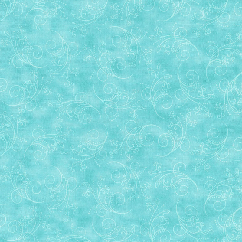 bright turquoise fabric featuring tonal mottling and scattered scrolling
