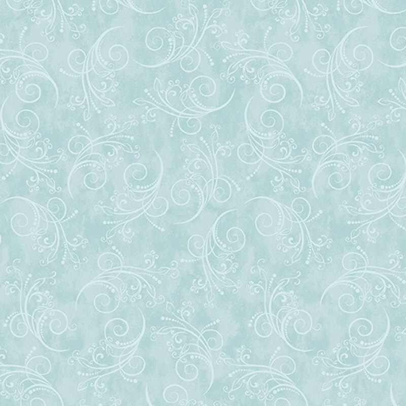 baby blue fabric featuring tonal mottling and scattered pastel scrolling