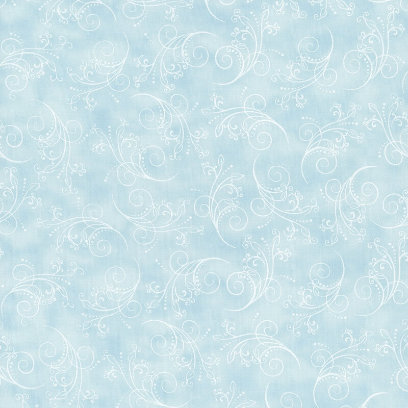 baby blue fabric featuring tonal mottling and scattered scrolling