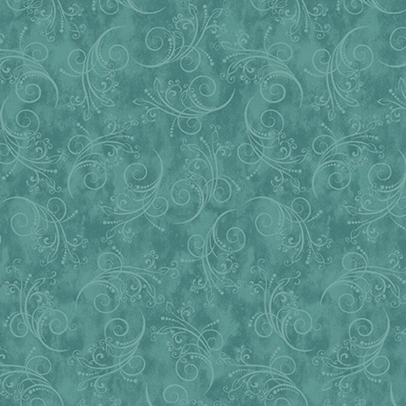 jade green fabric featuring tonal mottling and scattered pastel scrolling