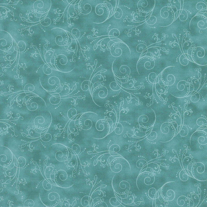 jade green fabric featuring tonal mottling and scattered scrolling