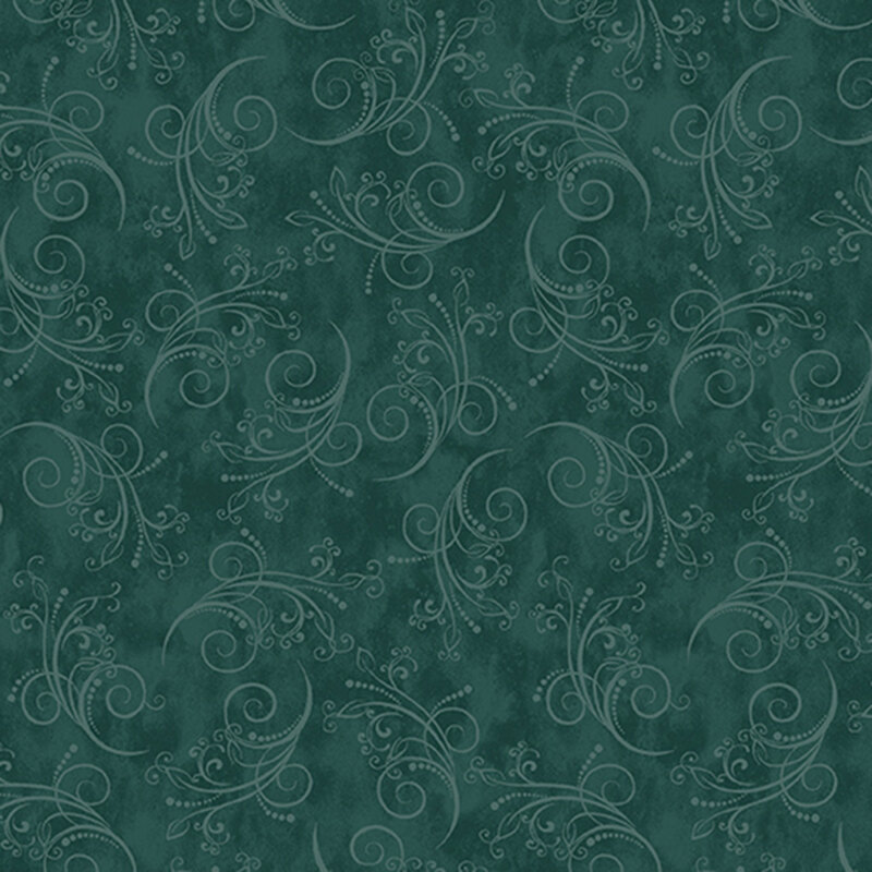 dark teal fabric featuring tonal mottling and scattered pastel scrolling