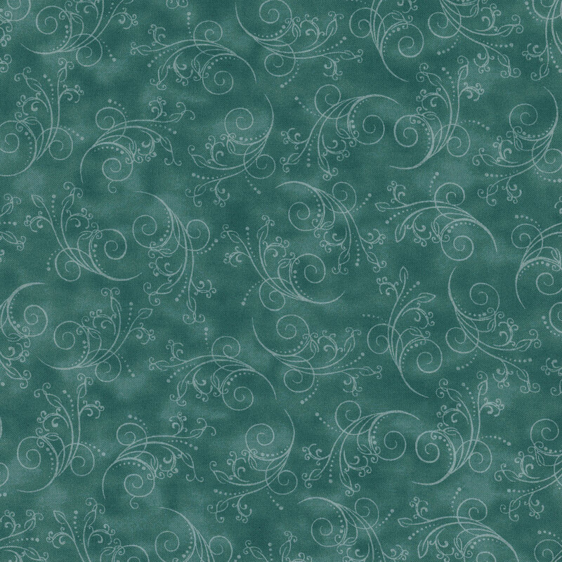 dark teal fabric featuring tonal mottling and scattered scrolling
