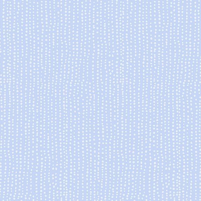 Light periwinkle fabric with vertical rows of wobbly white dots.
