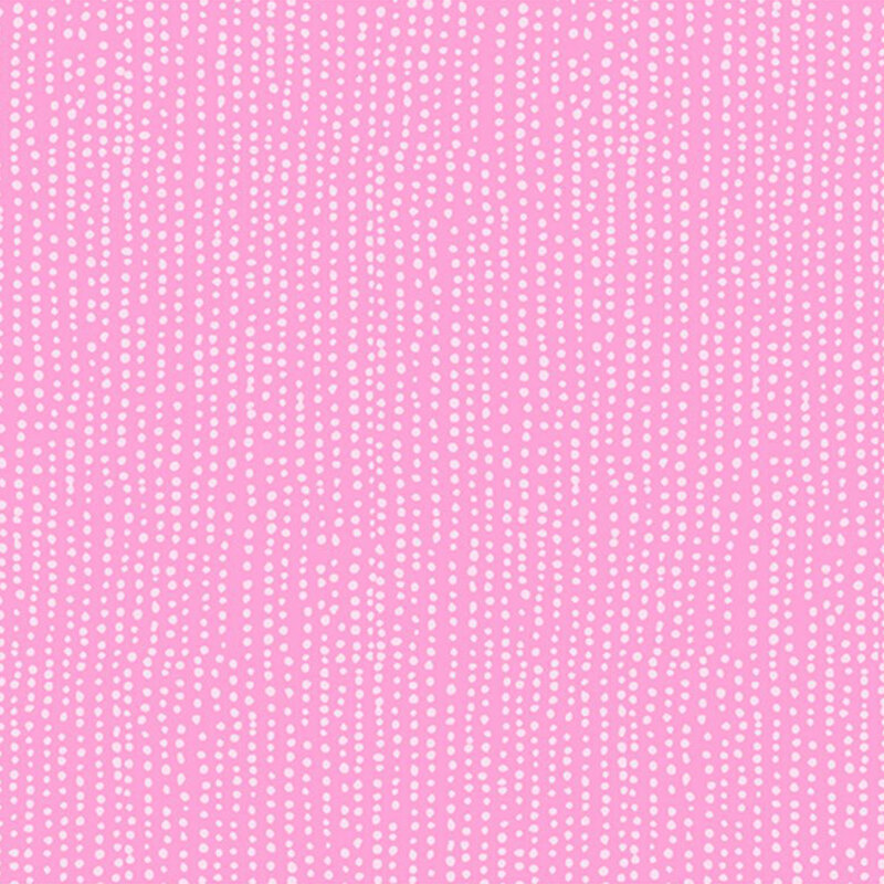 Bubblegum pink fabric with vertical rows of wobbly white dots.