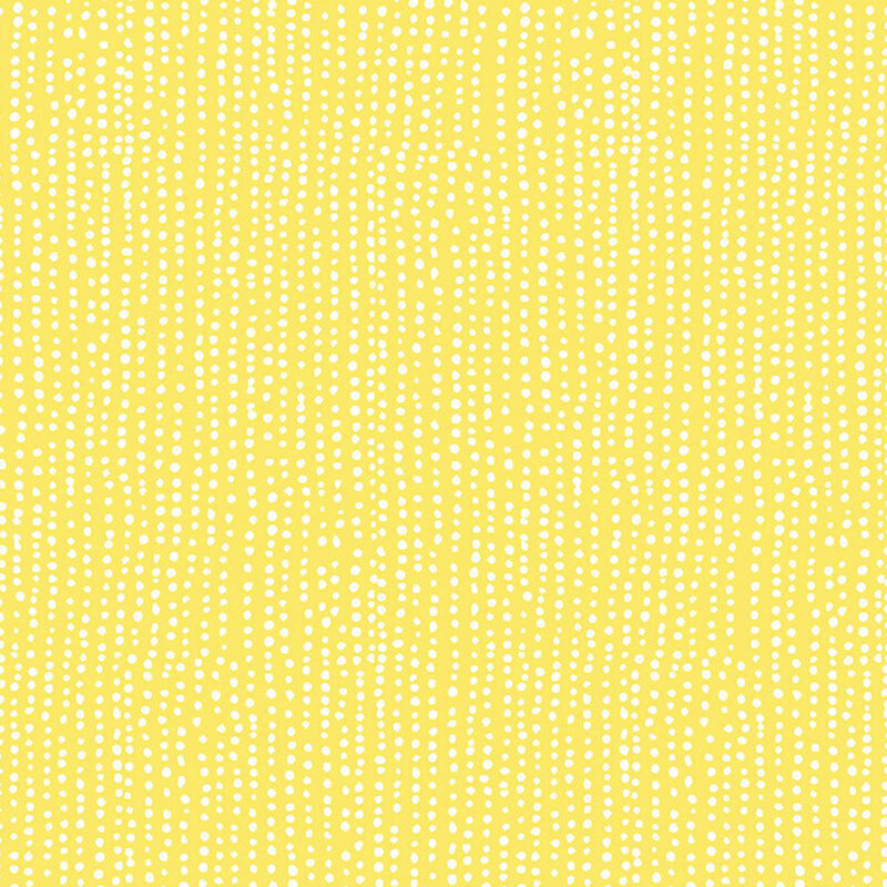 Bright yellow fabric with vertical rows of wobbly white dots.