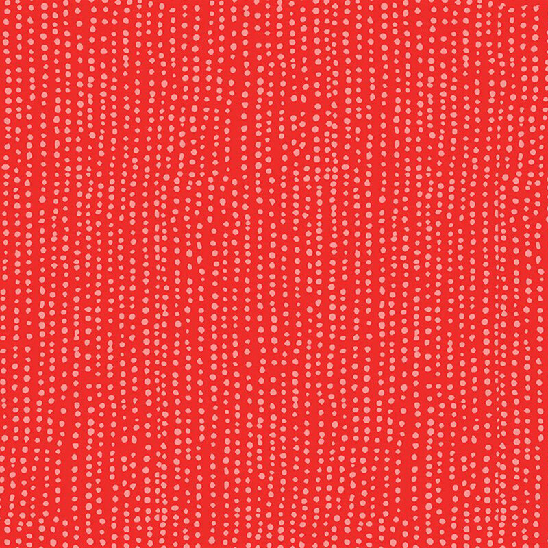 True red fabric with vertical rows of wobbly light red dots.