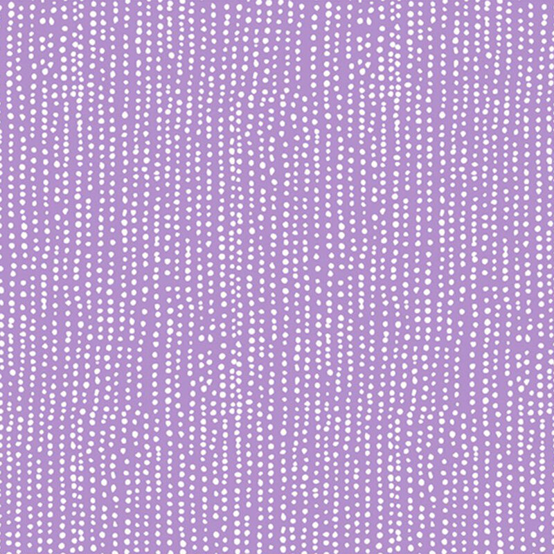 Lavender fabric with vertical rows of wobbly white dots.