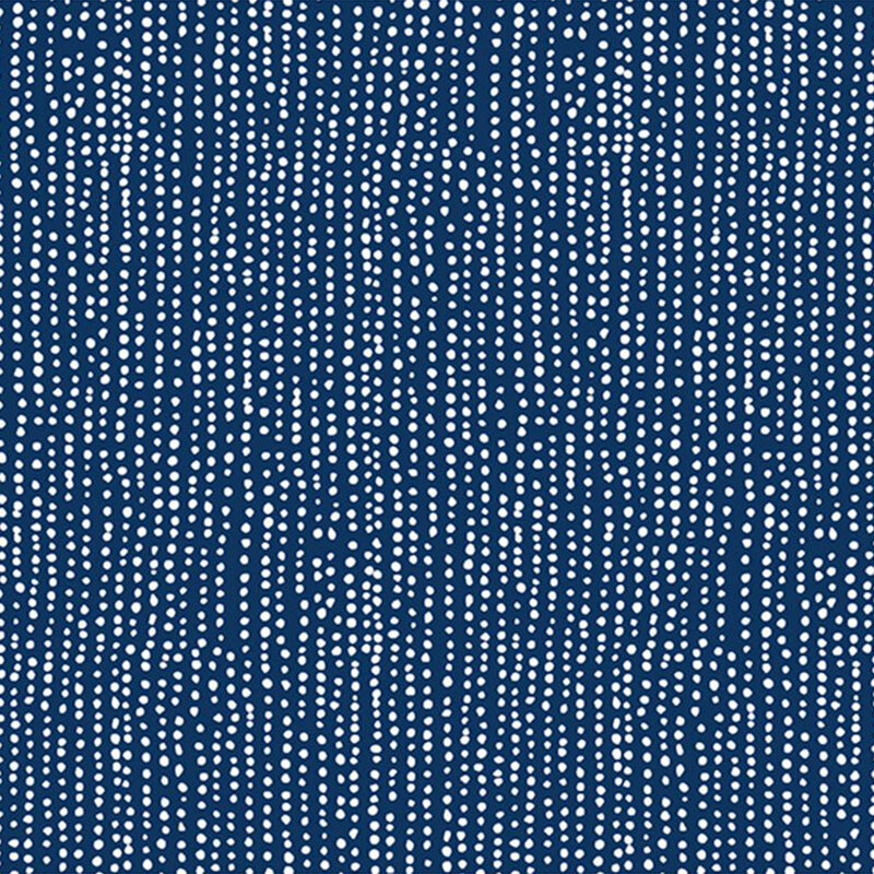 Navy blue fabric with vertical rows of wobbly white dots.