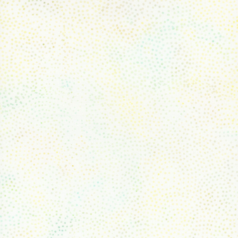 Lightly textured abstract fabric with soft pastel dots in yellow, green, and blue on a white surface.