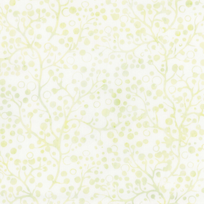 Lightly textured white fabric with abstract green branches and circular dots.