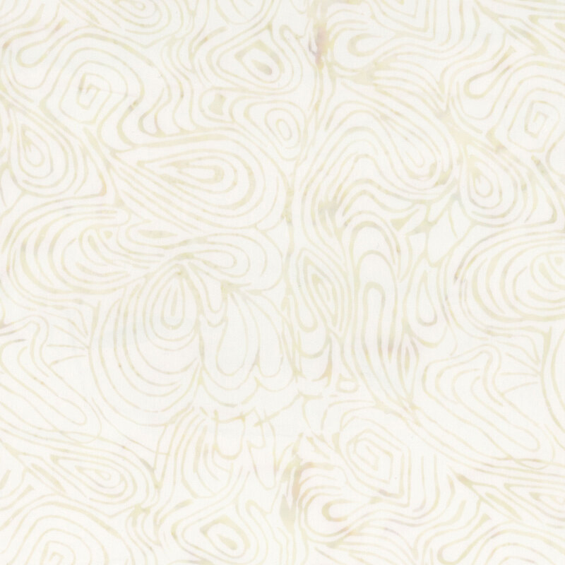 Abstract fabric with flowing, swirling lines in soft white and beige tones.